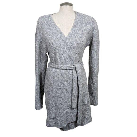 Aerie Alpaca Wool Blend Wrap Sweater Dress Womens M Gray Ribbed Bell Sleeve Cozy - Picture 1 of 5